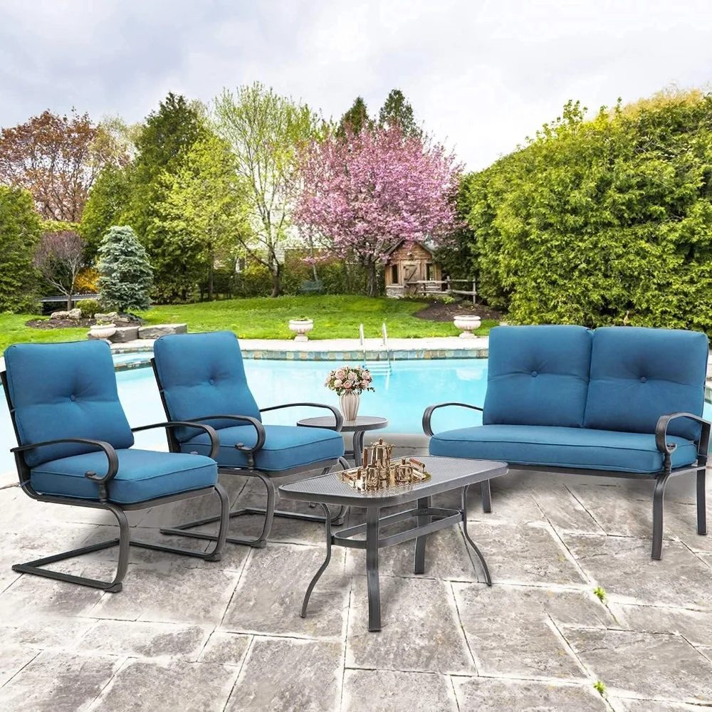 5-Piece Patio Furniture Conversation Set with Wrought Iron Two-Seat Sofa and Spring Chairs (Peacock Blue)