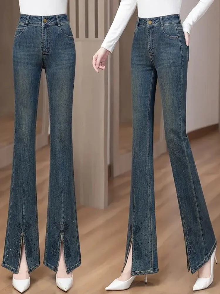 กางเกงยีนส์ทรงกระบอกเอวสูงยืดได้ กระชับสัดส่วน สำหรับผู้หญิง แฟชั่นฤดูใบไม้ผลิ ฤดูใบไม้ร่วง ฤดูหนาว  แบบมีซิป