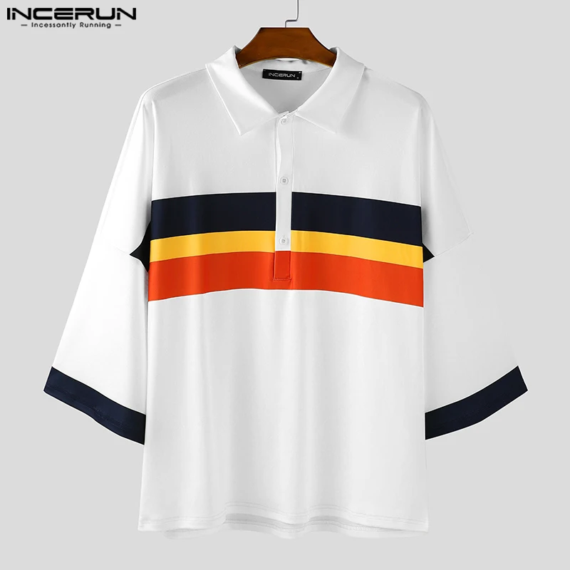 INCERUN Мужская рубашка в стиле пэчворк с цветными блоками и лацканами с коротким рукавом Свободная мужская одежда Уличная одежда Корейский стиль Модные повседневные мужские рубашки