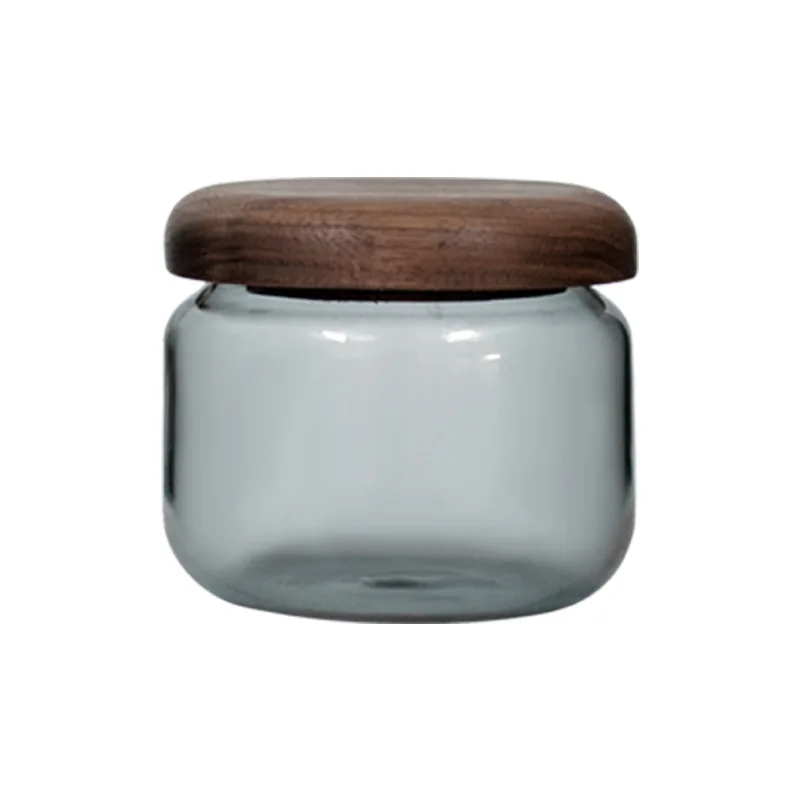 1 Piece 300ml 10oz Air Tight Acacia Walnut Wood Lid Grey Glass Storage Jars Dry Food Snack Candy Sugar Spice Coffee Bean Jar