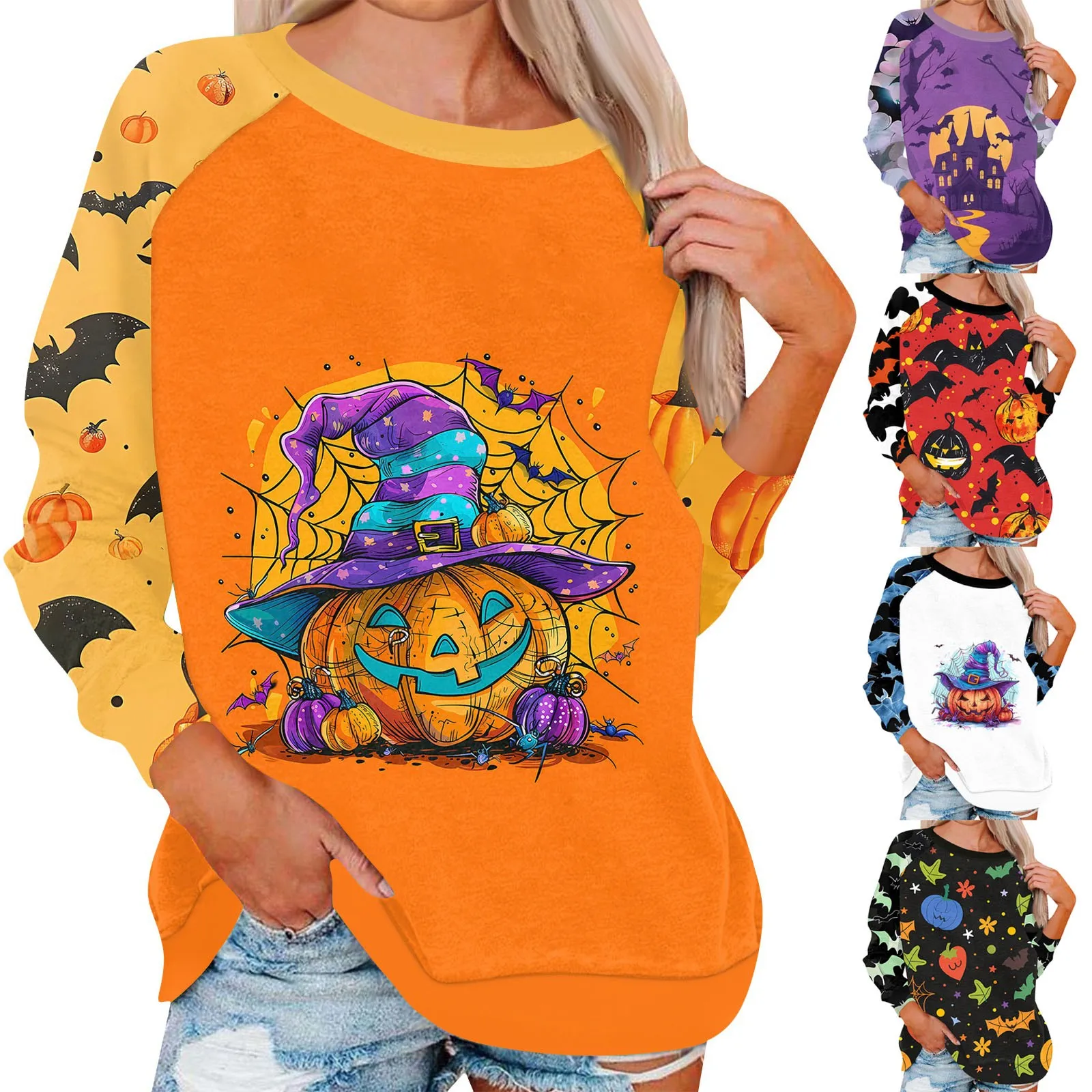 Vintage T-shirts For Women Funny Halloween Pumpkin T Shirts Long Sleeve Tops Loose Trendy Cute Fall Holiday Clothes