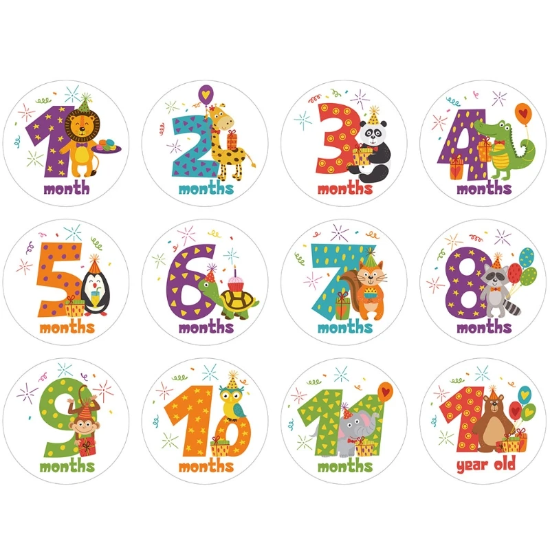 

12 Pcs/Set Cartoon Animal Baby Monthly Stickers Photography Commemorative Card Number Photo Props Newborn Milestone Memorial