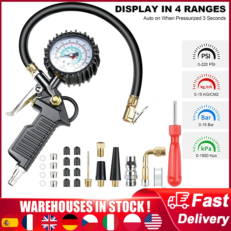 Tire Pressure Gauge 2200 PSI Tire Inflator Gauge Vehicle Monitor Tool Valve Cap ressure Gun Type For Air Compressor Durable