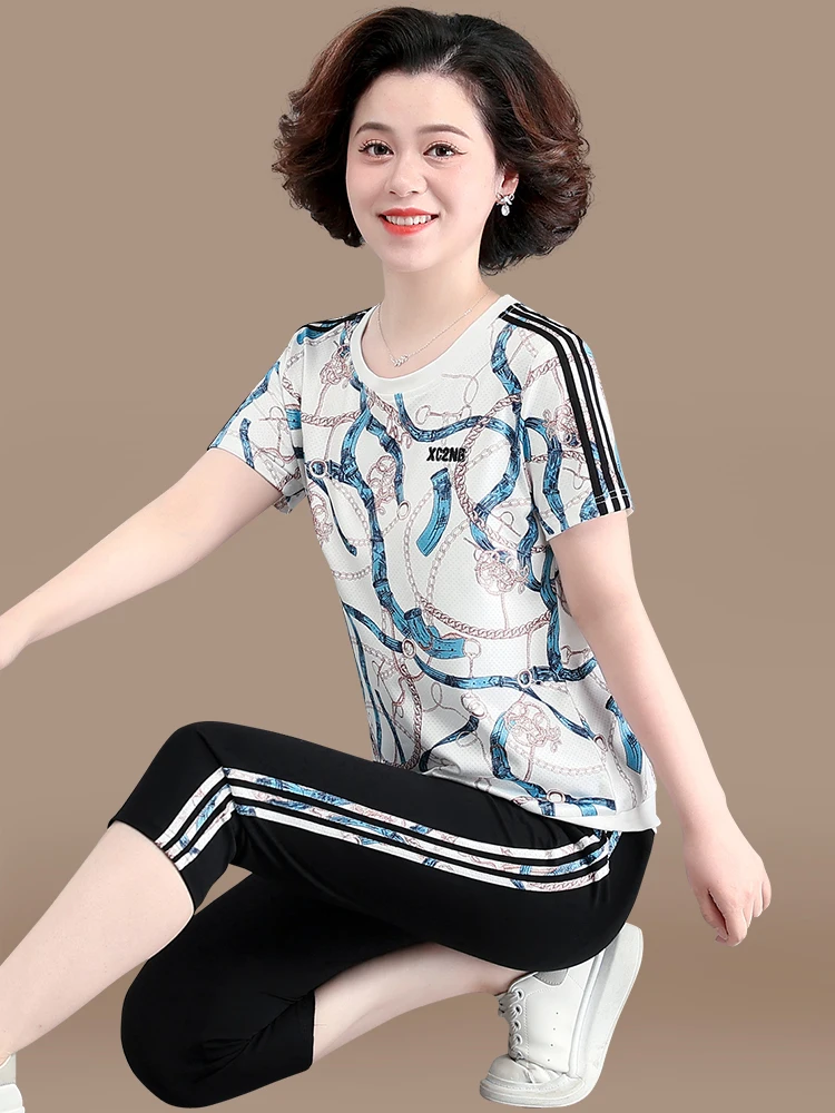 

Summer Outfit Seven-Foot Pants Sports Wear ort-Sve T-irt Two-Piece Set Small Size Middle-Aged Mom Faionable Ensemble