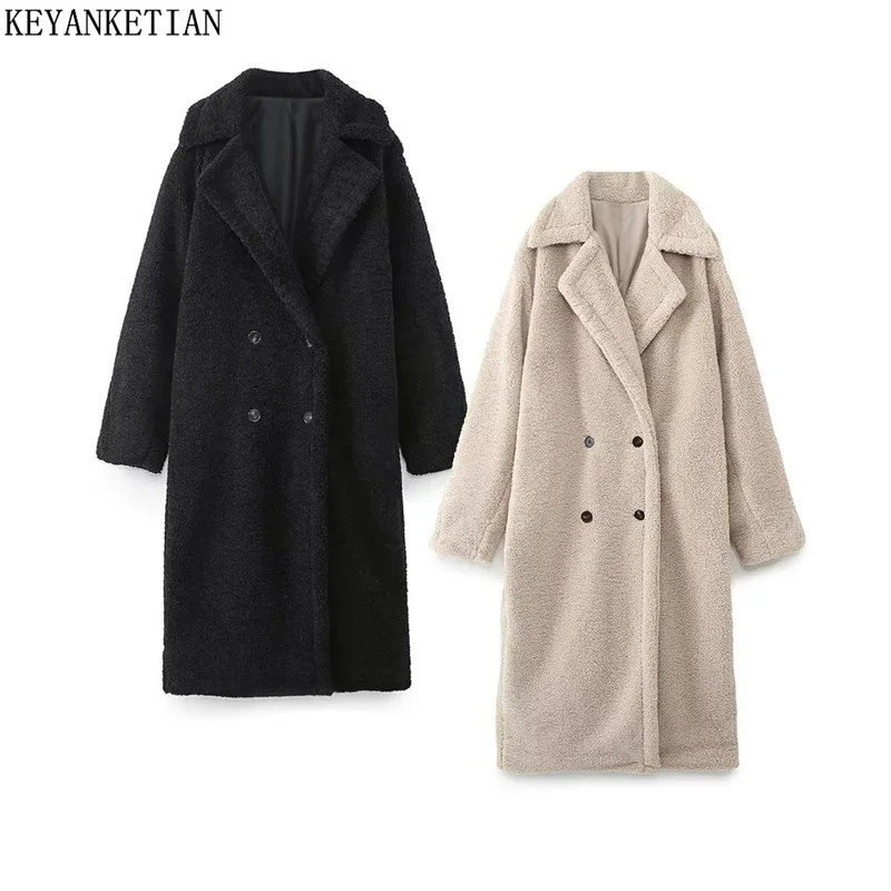 KEYANKETIAN Winter New Women\'s Teddy Bear Coat Stylish Thick Thick Warm Faux Fur Fleece Lady Long Coat Double Breasted Jacket