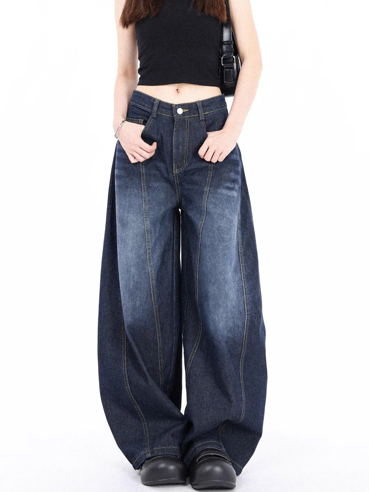 American Sle Vintage Waed Knife Denim Jeans Women's Spring Autumn Loose Wide Leg Banana Pants Floor Length