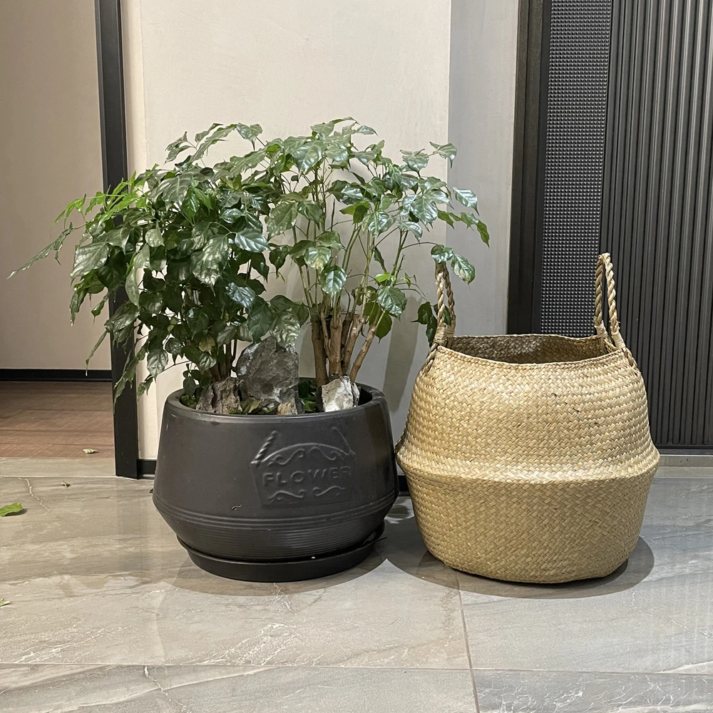 Seegras Wicker Woven Lagerung Korb Pflanzung Blumentopf Organizer Folding Wäsche Korb Hause Garten Bauch Mimbre Korb – Detail 3