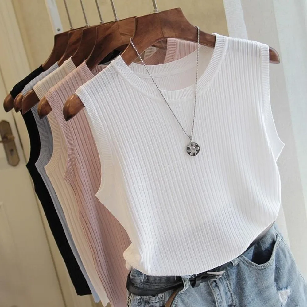 

New Thin Summer Round Neck Vest Sleeveless Solid Color Ice Silk Top Wide Shoulder Strap Knit Short Sleeve