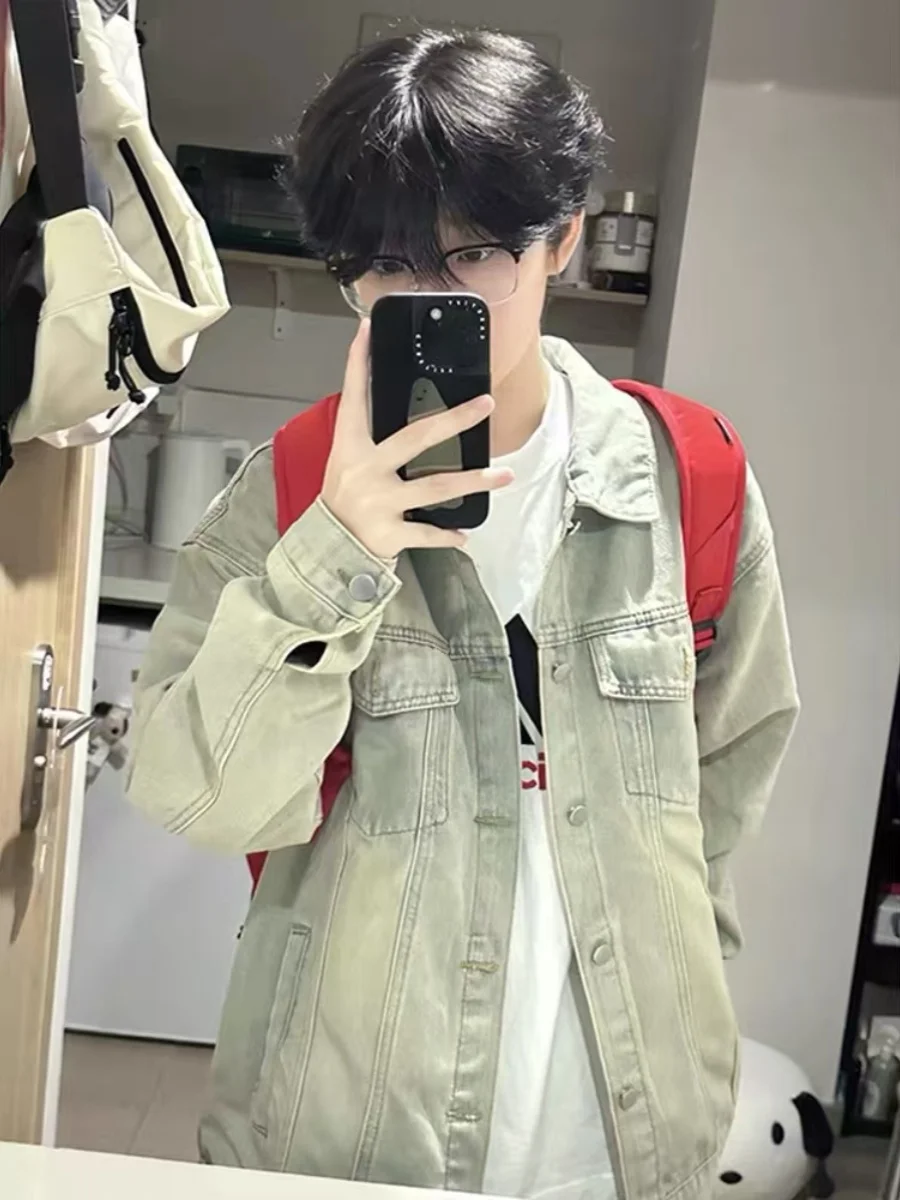 

Мужская джинсовая куртка Waed Jaet, винтажная, желтая, грязевого цвета, рабочая одежда с лацканами, длинная куртка свободного кроя, молодежная мода, весна-осень