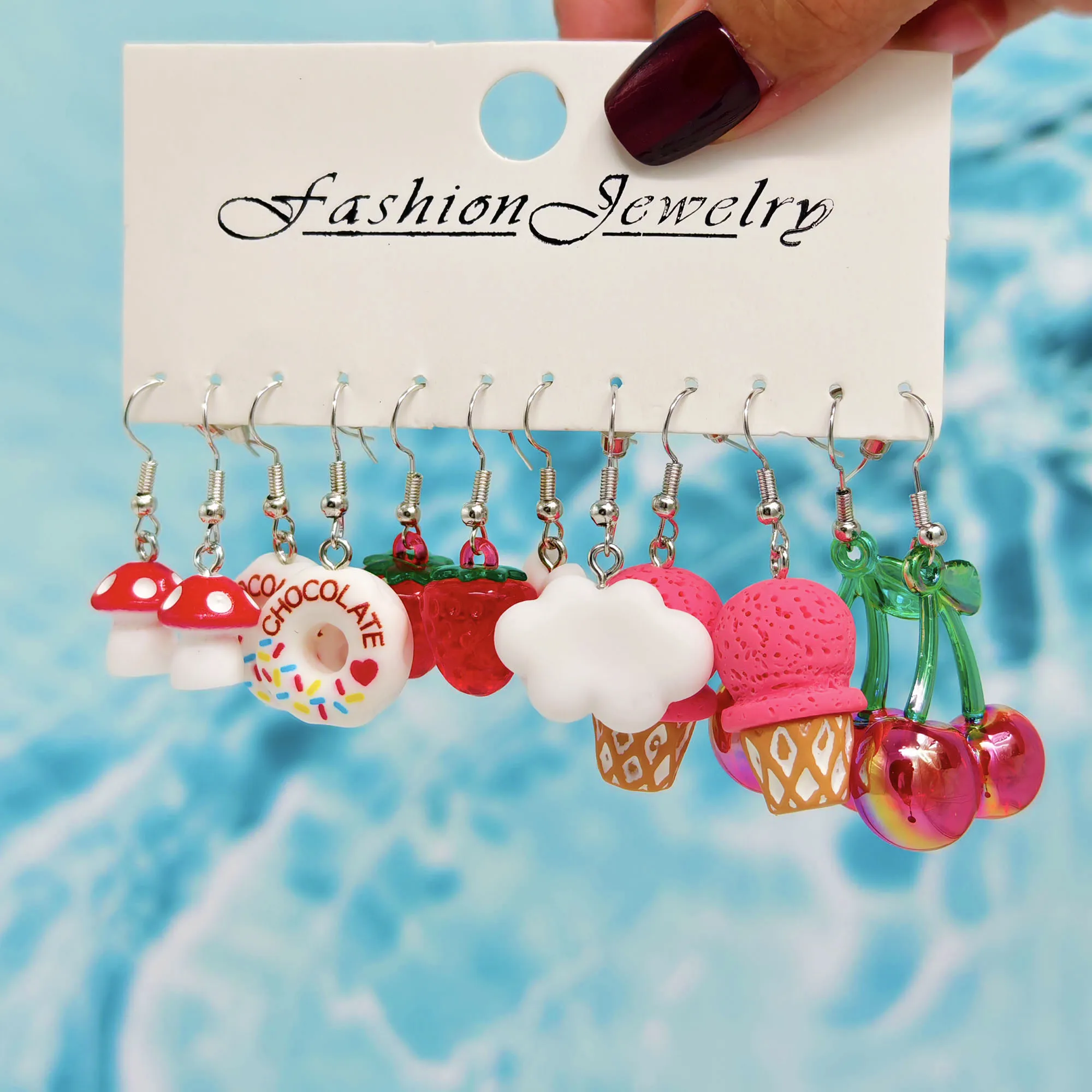 Dopamine Resin Cute Cartoon Earrings Set Cherry Strawberry Ice Cream Fun Earrings Wholesale