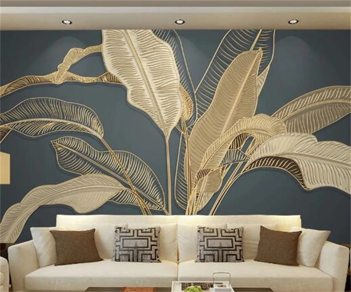 Customize any size wallpaper Atmosphere banana leaf light luxury gold line relief TV sofa background wall decoration wallpaper