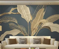 Customize any size wallpaper Atmosphere banana leaf light luxury gold line relief TV sofa background wall decoration wallpaper