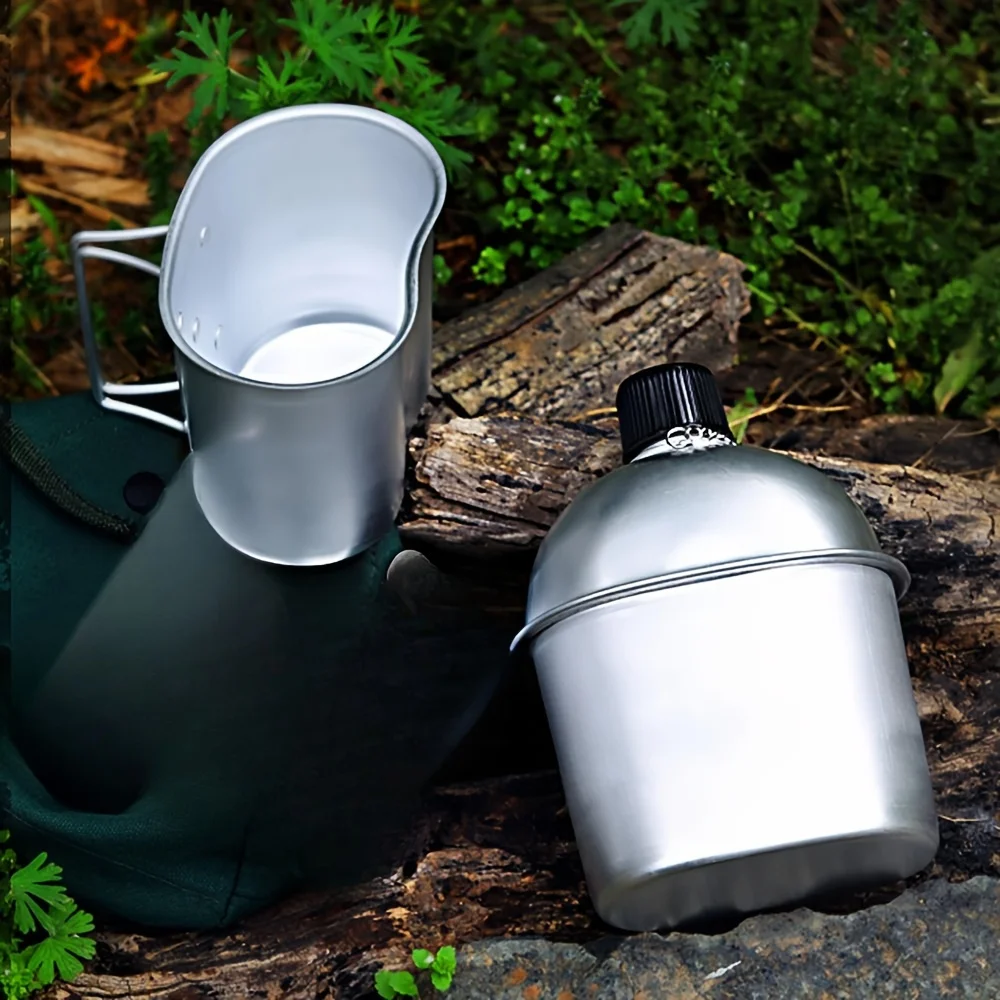 4Pcs/set, Military Canteen Cookware Set, Aluminum Alloy Canteen Multi-Functional Water Bottle with Grab Handled Cup Green Canvas