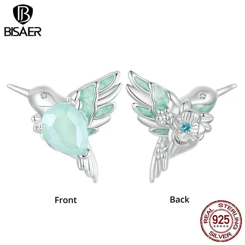 BISAER 925 Sterling Silver Hummingbird Charm Flowers Bead Glow-in-the-dark For Luxury Women DIY Bracelet Necklace Fine Jewelry