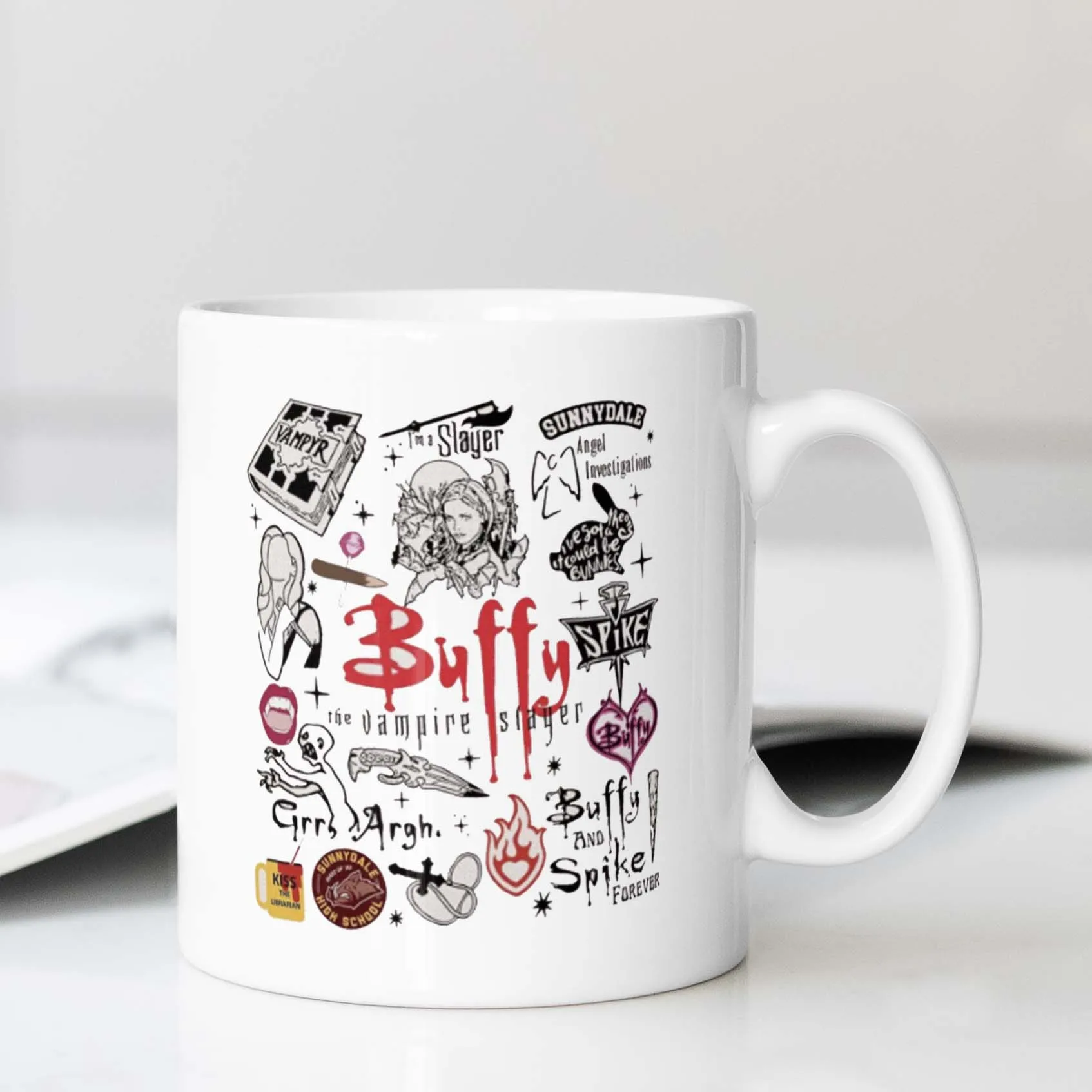 Buffy the Vampire Slayer 11oz Ceramic Mug - White with Iconic Hearts & Flames Design, Double-Sided Buffyverse Art (Spike, Angel,