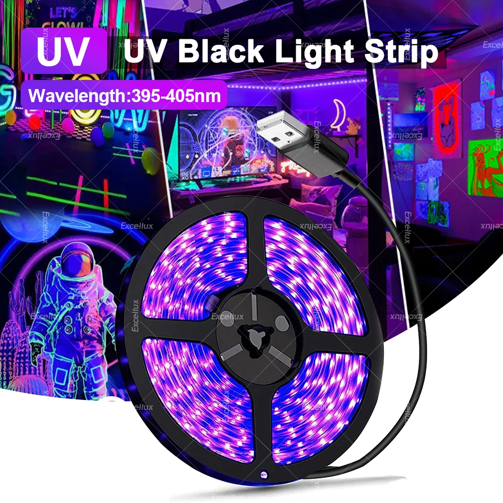 5V UV USB Led Strip Lights Tape 395-405nm 2835 SMD Flexible Black Led Light Strip Room Decoration For Glow Poster Party UV Lamp