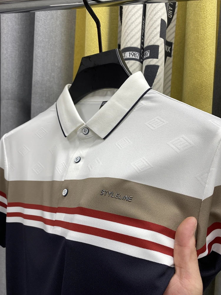 

High end fashion men's summer new striped lapel polo shirt short sleeved business casual versatile comfortable trendy top