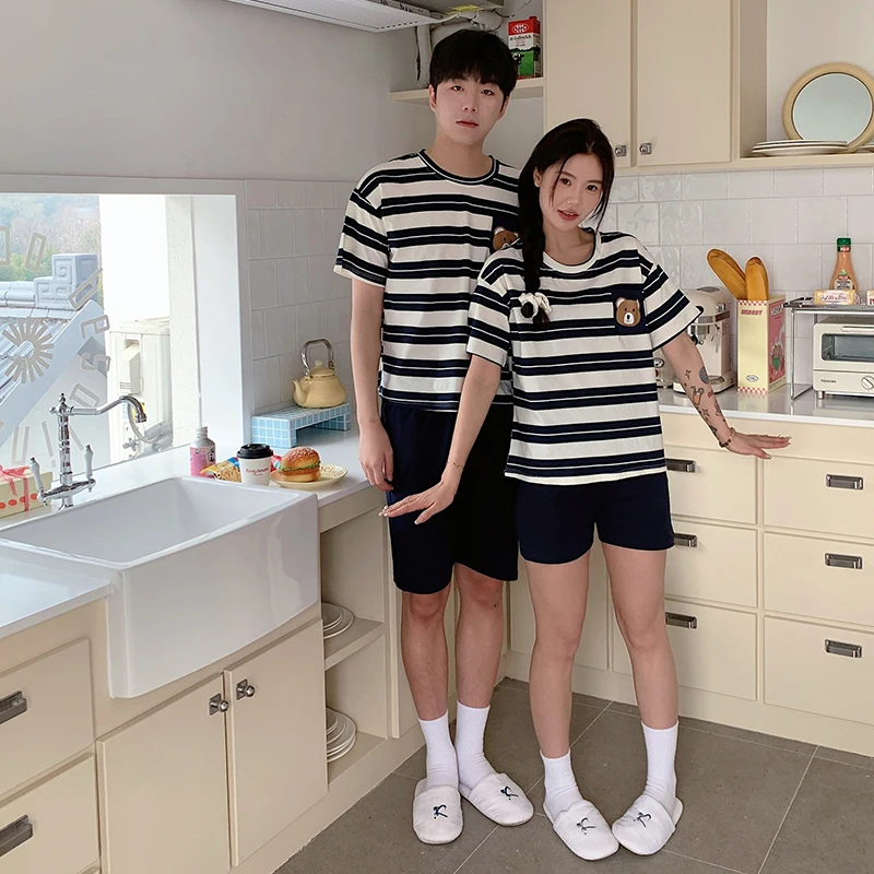 M-3XL L-4XLCouple set pure cotton simple striped round neck short sleeved shorts summer clothing men's and women's pajamas