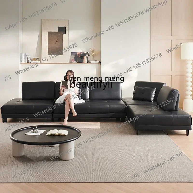 D178 H French leather sofa retro minimalist adjustable backrest large sitting deep armrest leather sofa