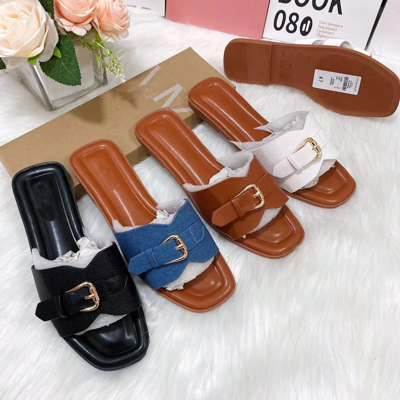 

Women Flip Flops Basic Plain Slippers Slip On Sandals Slides Casual Peep Toe Beach Flat Sandals With Soft Leather Metal buckle