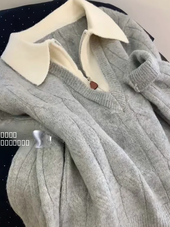 Maglione lavorato a maglia coreano con colletto a maniche colorate Autunno Inverno da donna Nuovo pigro semplice Agel abbinato a tutte le maglieria