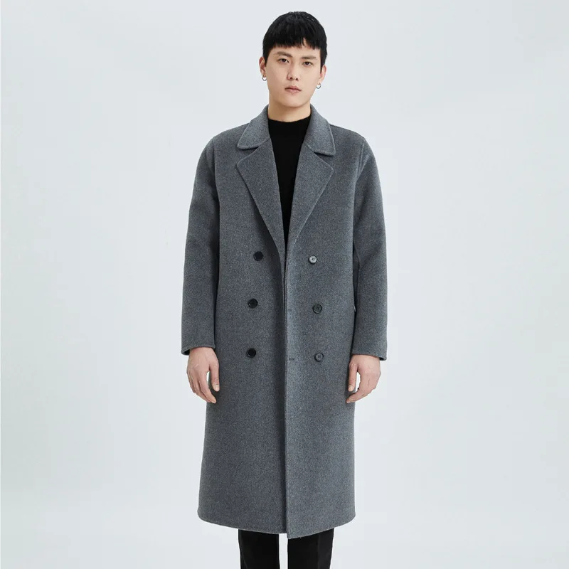 Autumn and winter long knee double-sided cashmere coat men's double-breasted Korean version suit loose wool woolen trench coat