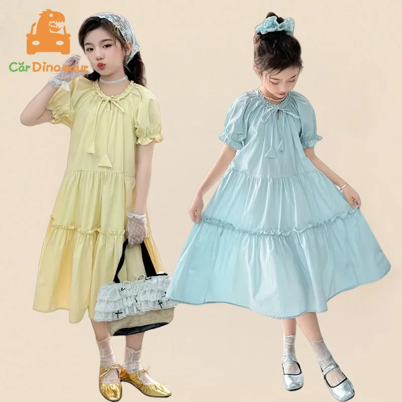 2025 Summer New 6 8 10 12 14  16 Years Teenagers Clothing Kids Pure Cotton Solid Color Short Sleeve Beach Long Dress For Girls