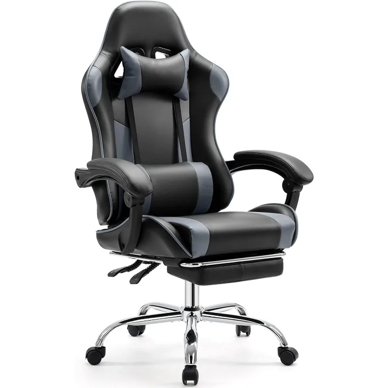 Ergonomic Computer with Footrest and Comfy Lumbar Support, PU Leather Recliner with Headrest, Fixed Up Armrest, for Adults, Grey