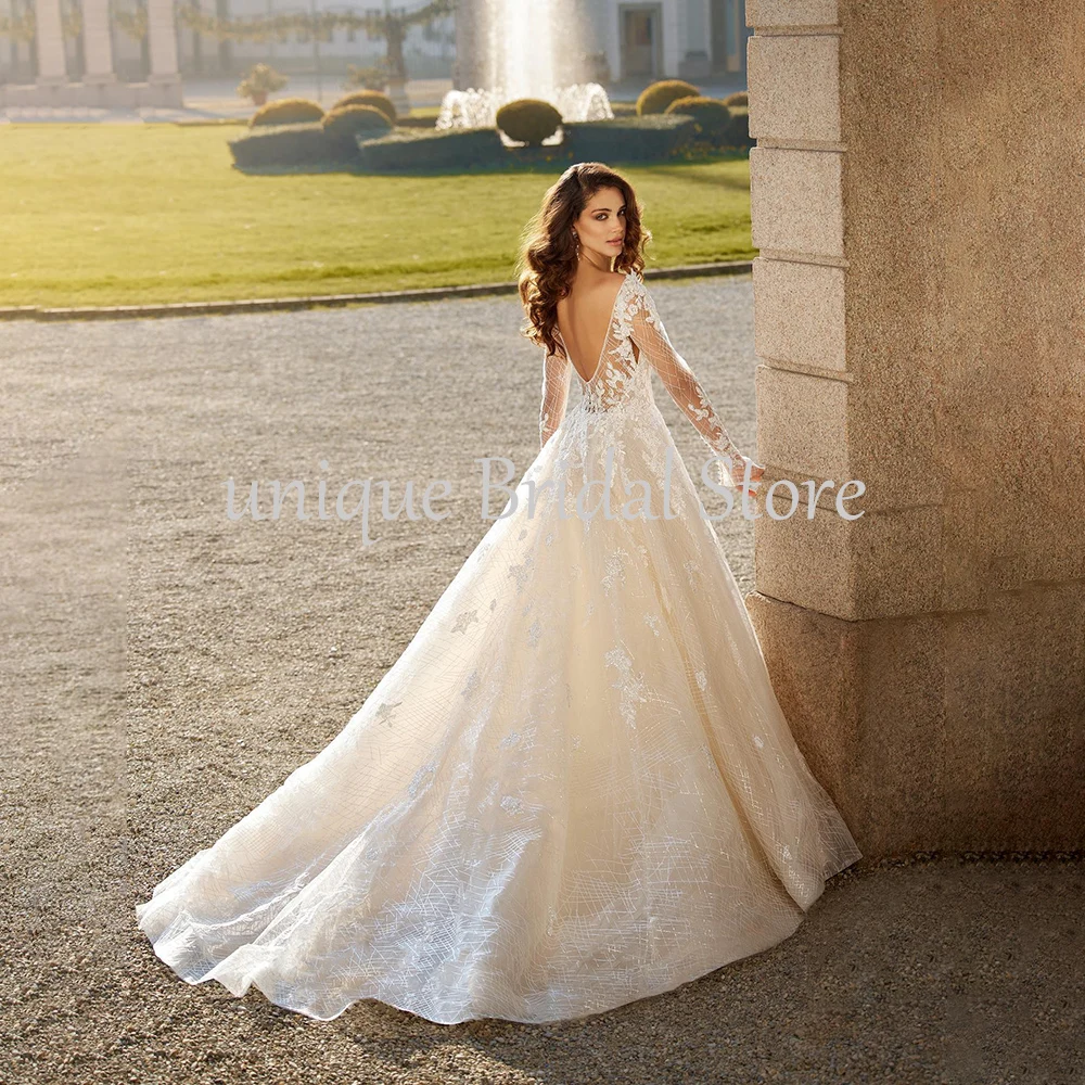 UETEEY abito da sposa di lusso con paillettes Appliques di pizzo maniche lunghe Backless Robe De Mariée 2022 splendidi abiti da sposa a-line