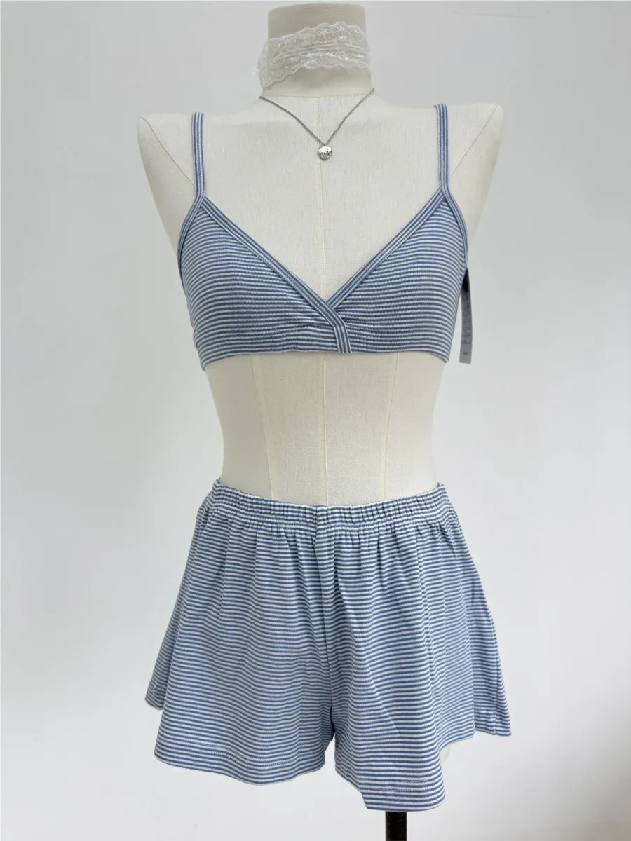 

Blue Striped Bra Shorts Set Women Sexy V-neck Slim Bras with Straight Sweatshorts Sweet Cute Cotton Home Pajama 2 Piece Sets New