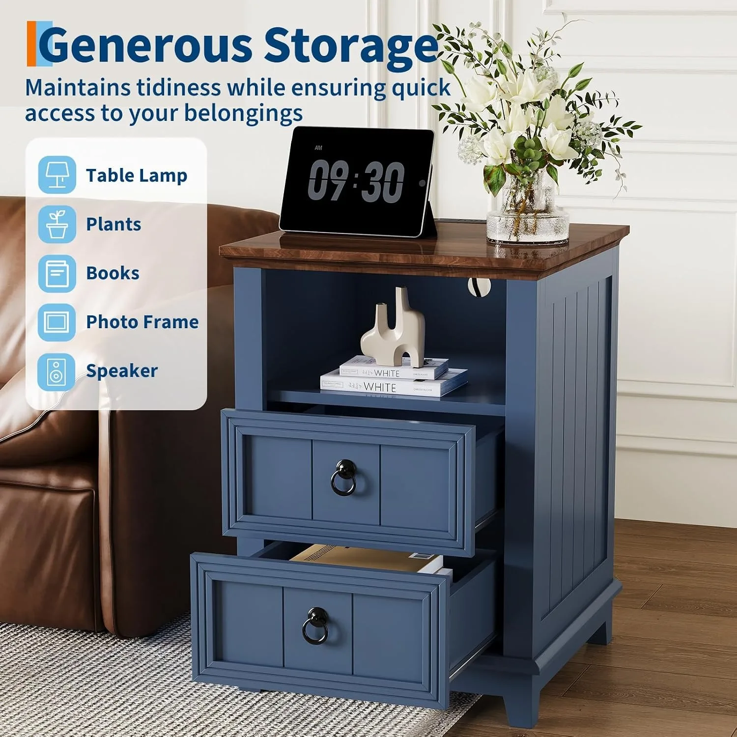 Modern Fluted Nightstand with USB Charging Station, 2 Drawer Side Table with Open Storage Shelf, Wooden Bedside Cabinet for Home