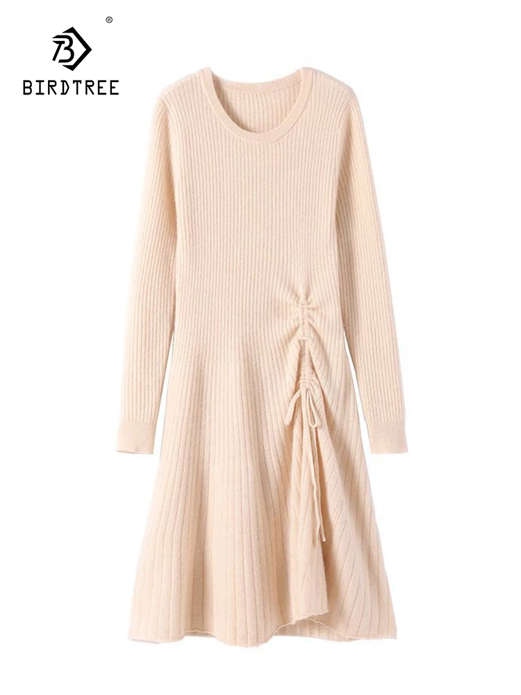 Birdtree 100% Wool Drawstring Bottom Knitted Dress A-line Sweater Slim Fit Medium Length Sweater 2023 New Autumn Winter D38515QC