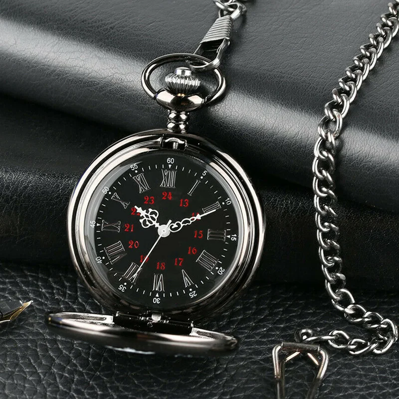 Vintage Roman Numerals Quartz Black Dual Display Roman Scale Pocket Watch With Chain Antique Jewelry Pendant Necklace Gifts