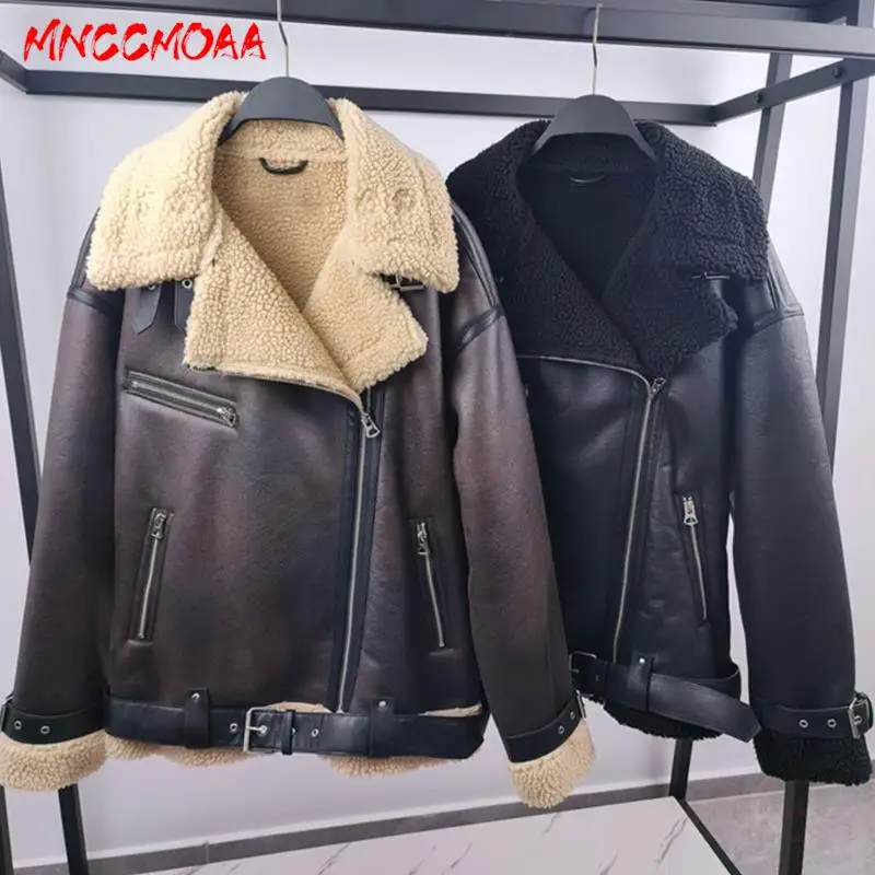 MNCCMOAA 2023 Winter Women Fashion Loose Belt Thickened Fleece Faux Leather Jacket Coat Female Solid Color Casual Warm Outwear