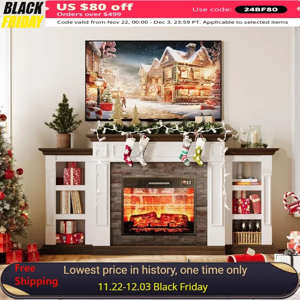 Fireplace TV Stand with Mantel and Cabinets TVs Stand Stacked Stone Surround and Remote Control 3D Realistic Flame TV Console