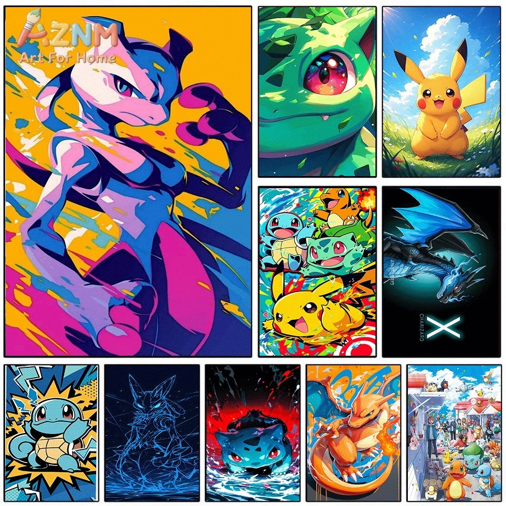 AZNM Mewtwo Color Splash Pop Style Anime Canvas Wall Print, Game Character Art Poster, Unframed Canvas Painting for Kids Bedro