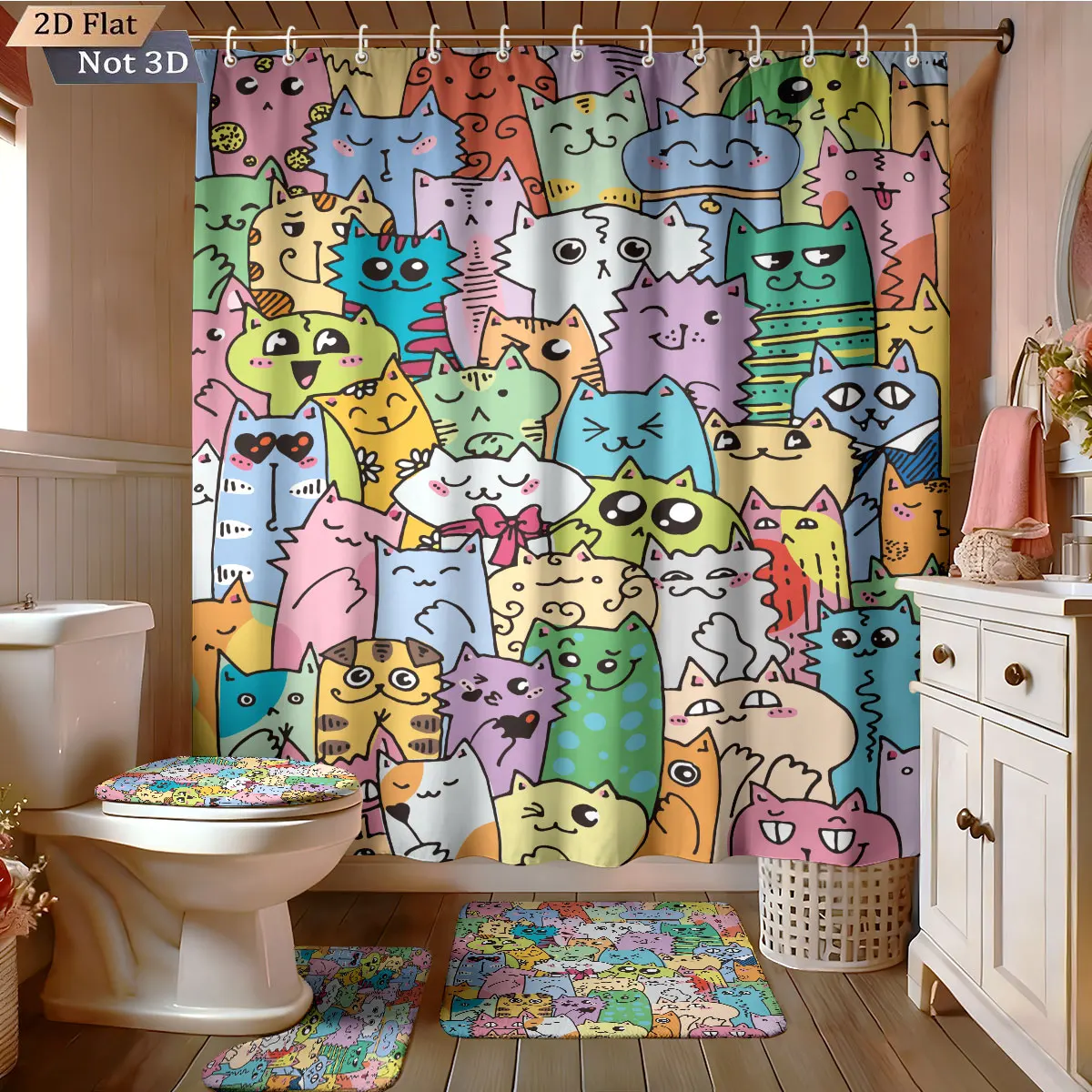 

4pcs Cute Cartoon Animal Printed Bathroom Set 180x180 Waterproof Shower Curtain Floor Mat Toilet Mat U-Shaped Mat