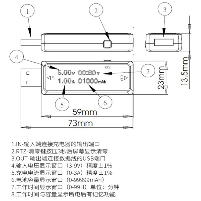 USB Tensão Amperímetro Power Capacity, Mobile Power Tester, Bateria V20