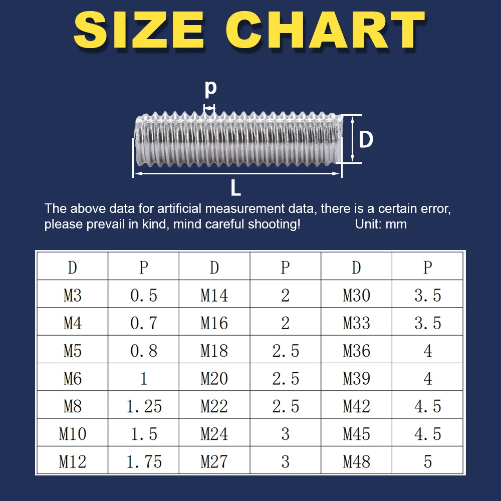 M3 M4 M5 M6 M8 M10 M12 304 Stainless Steel Full Threaded Rod Bolt Length16mm-500mm Fully Metric Headless Thread Stud Rods Screws