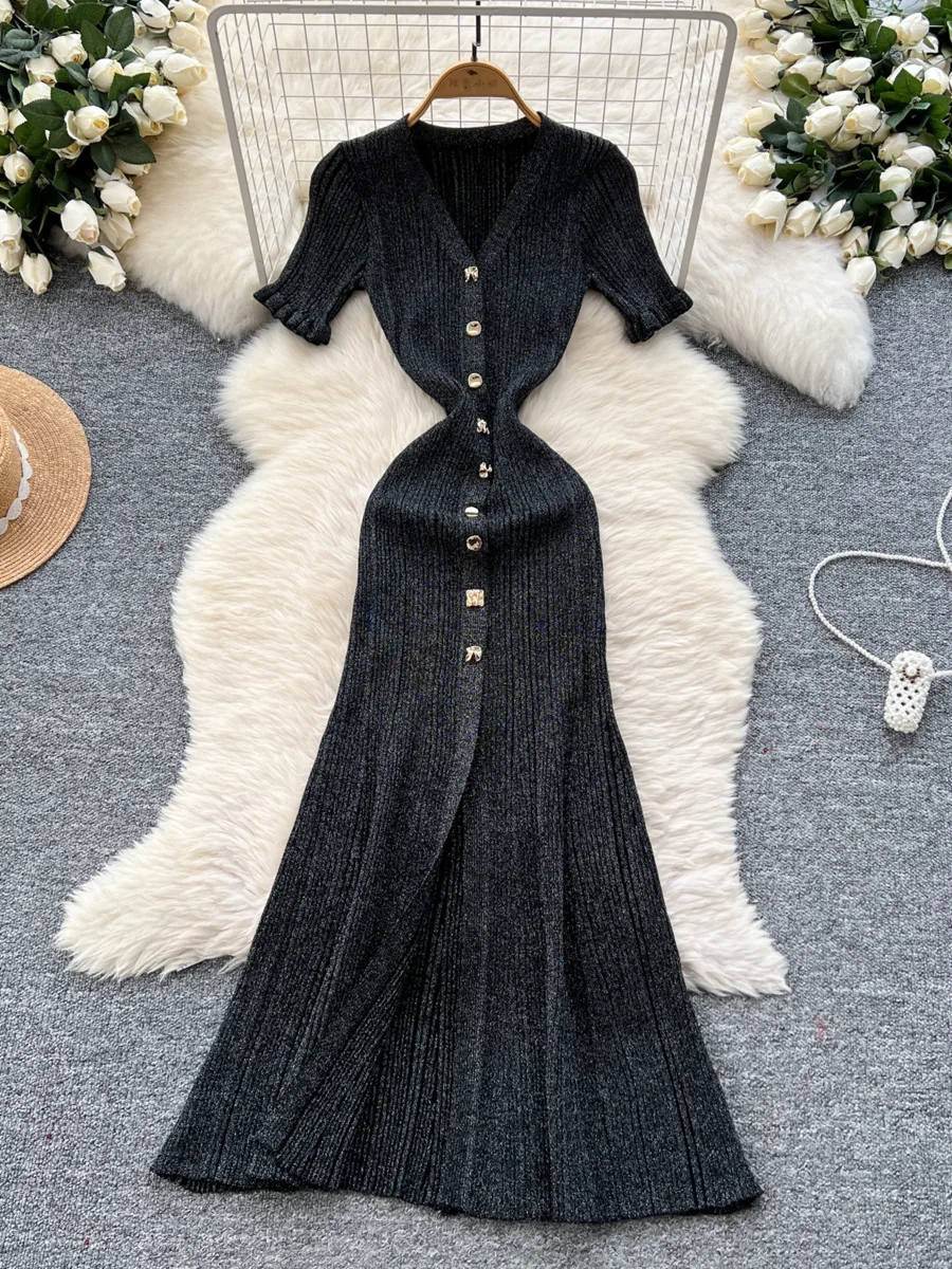 

Chic Sexy V-Neck Short Sleeve Knitted Single Breasted Split Casual Women's Dress New Summer Fashion Women Clothing