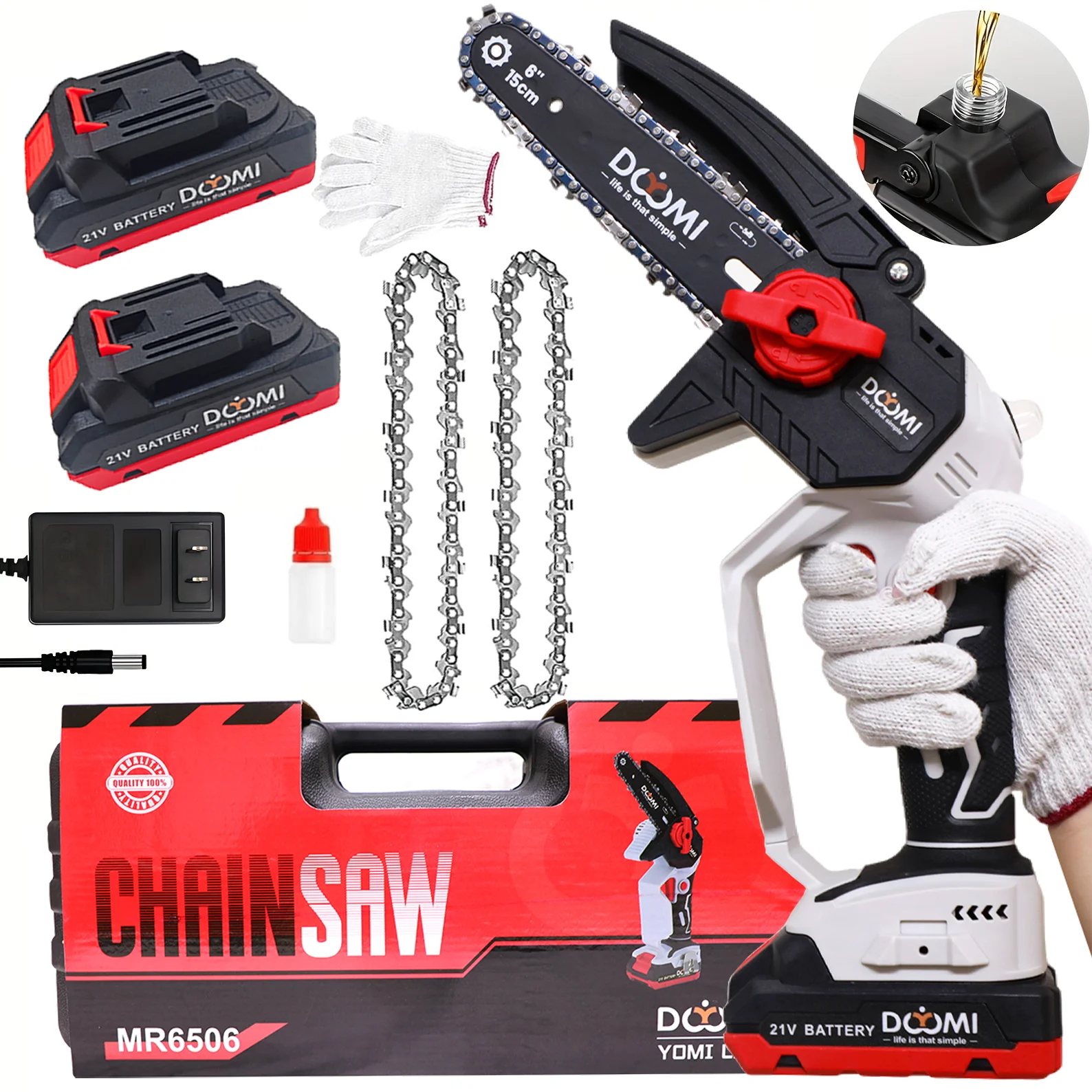 6Inch Cordless Electric Chainsaw Brushless+ 2 Battery,One-Handed Portable Pruning for Wood Cutting,Trimming Branch,Courtyard