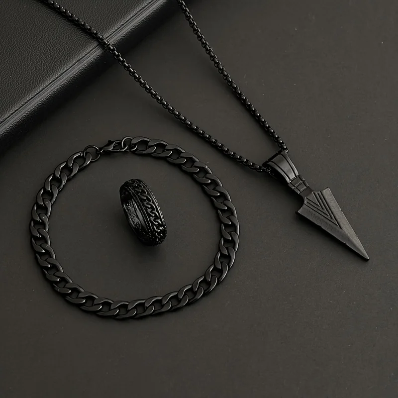 3 In 1 Arrow Jewelry Set Hip Hop Chain Necklace Bracelet Ring Combo Punk Street Accessories For Men Women Trendy Daily Matching