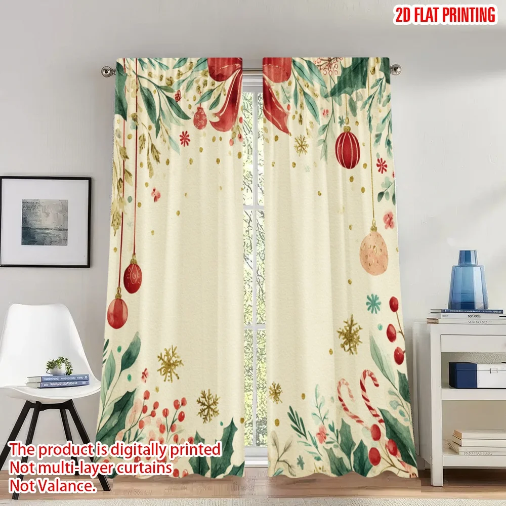 

2pcs 2D flat printing Christmas Curtains Christmas Red Baubles Snowflakes Garland Digital Printed Polyester Drapes Holiday