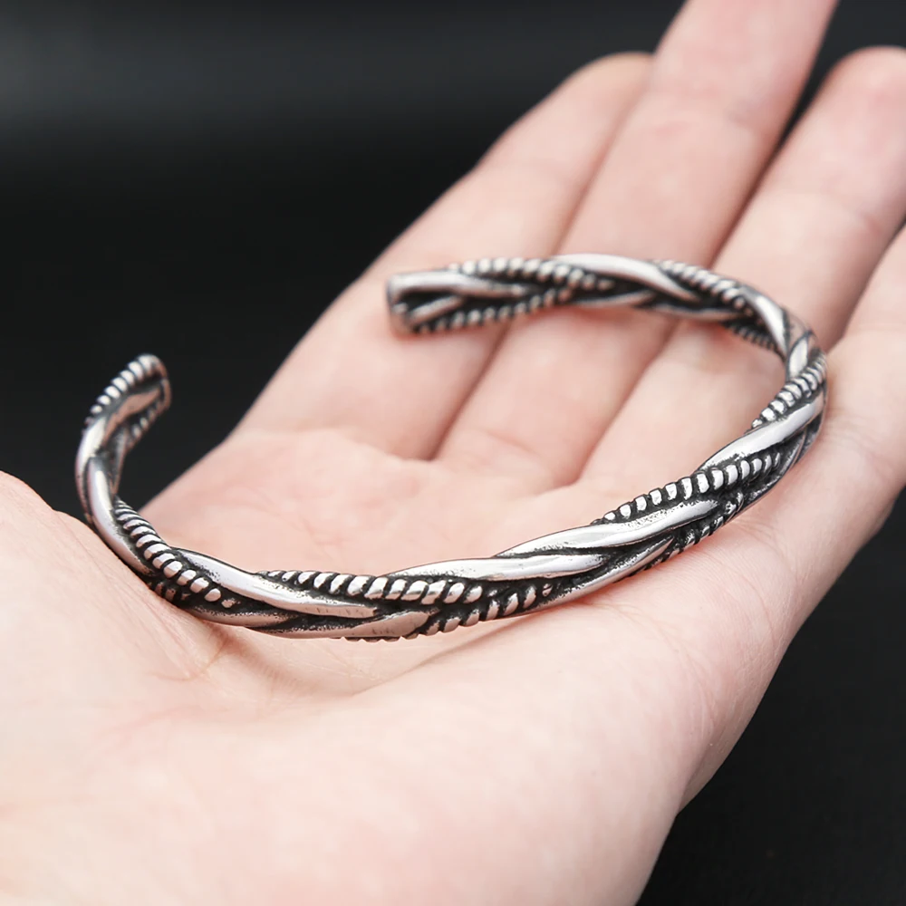 Vintage Fashion Stainless Steel Twist Texture Bracelet For Man Women Nordic Viking Amulet Cuff Bangles Party Anniversary Jewelry