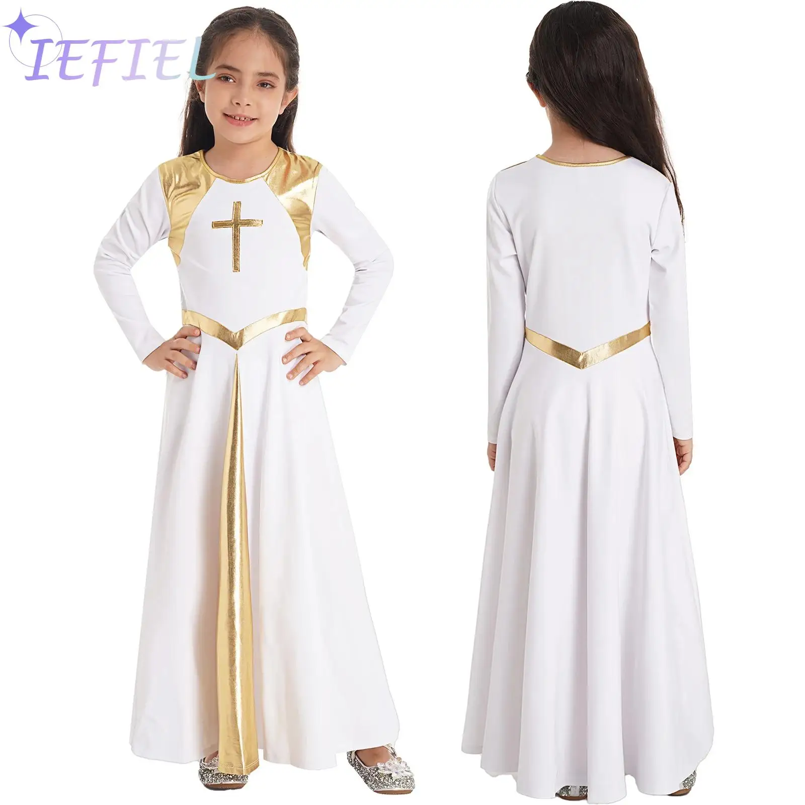 Girls Long Church Party Dancewear Liturgical Praise Lyrical Worship Dance Costume Kids Slim Waist Long Dress Stage Performance