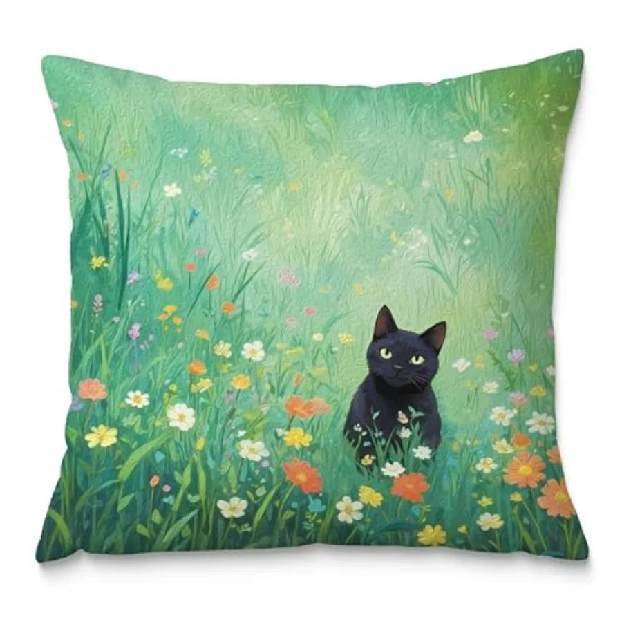 

Floral Black Cat Pillow Covers 18x18, Cats Lovers Lady Gifts, Cat Gifts for Mom Mother's Day, Cats in Green Field Meadow Decora