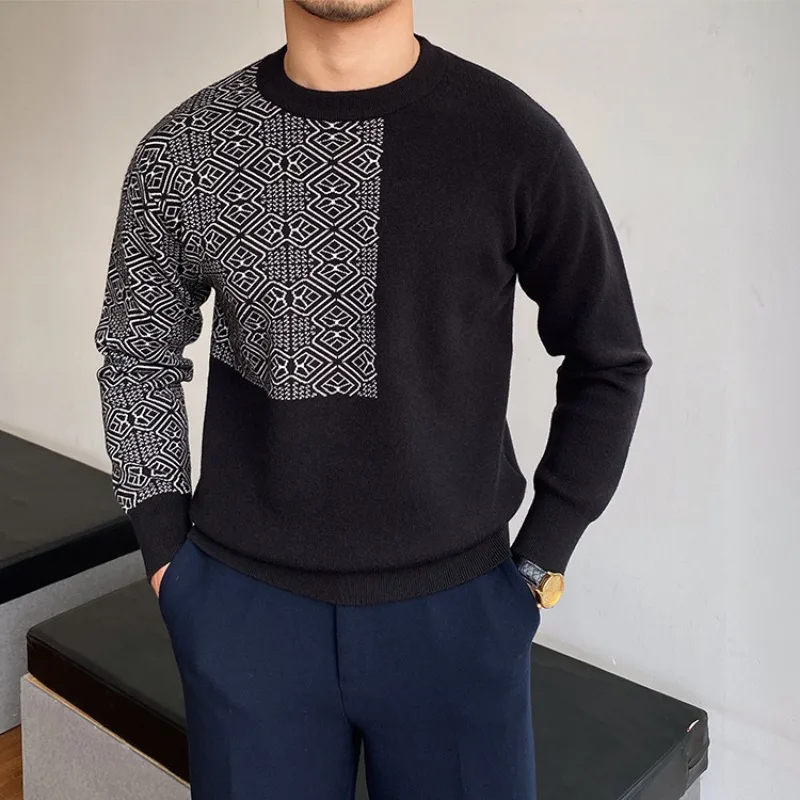 Suéter de cuello redondo para hombre, Jersey de punto de manga larga con estampado de negocios, Tops inferiores para jóvenes, nueva moda de otoño e invierno