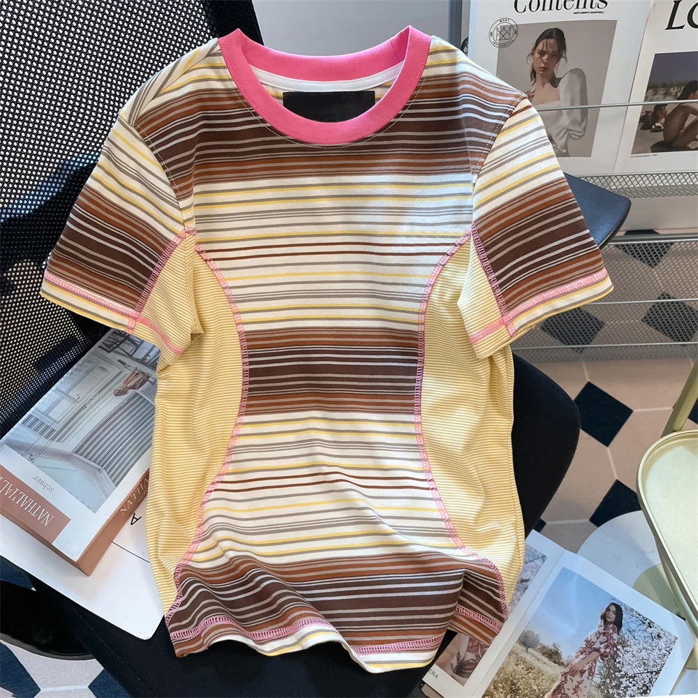 

Women Contrast Color Striped T-Shirt 2025 New Fashion Slim Round Neck Short Sleeve Tees Summer American Retro Casual Tops