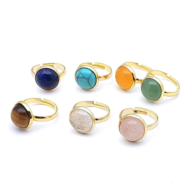 12mm Round Gold Alloy Healing Natural Stone Ring Tiger Eye Opal Pink Crystal Adjustable Joint Ring for Women Jewelry