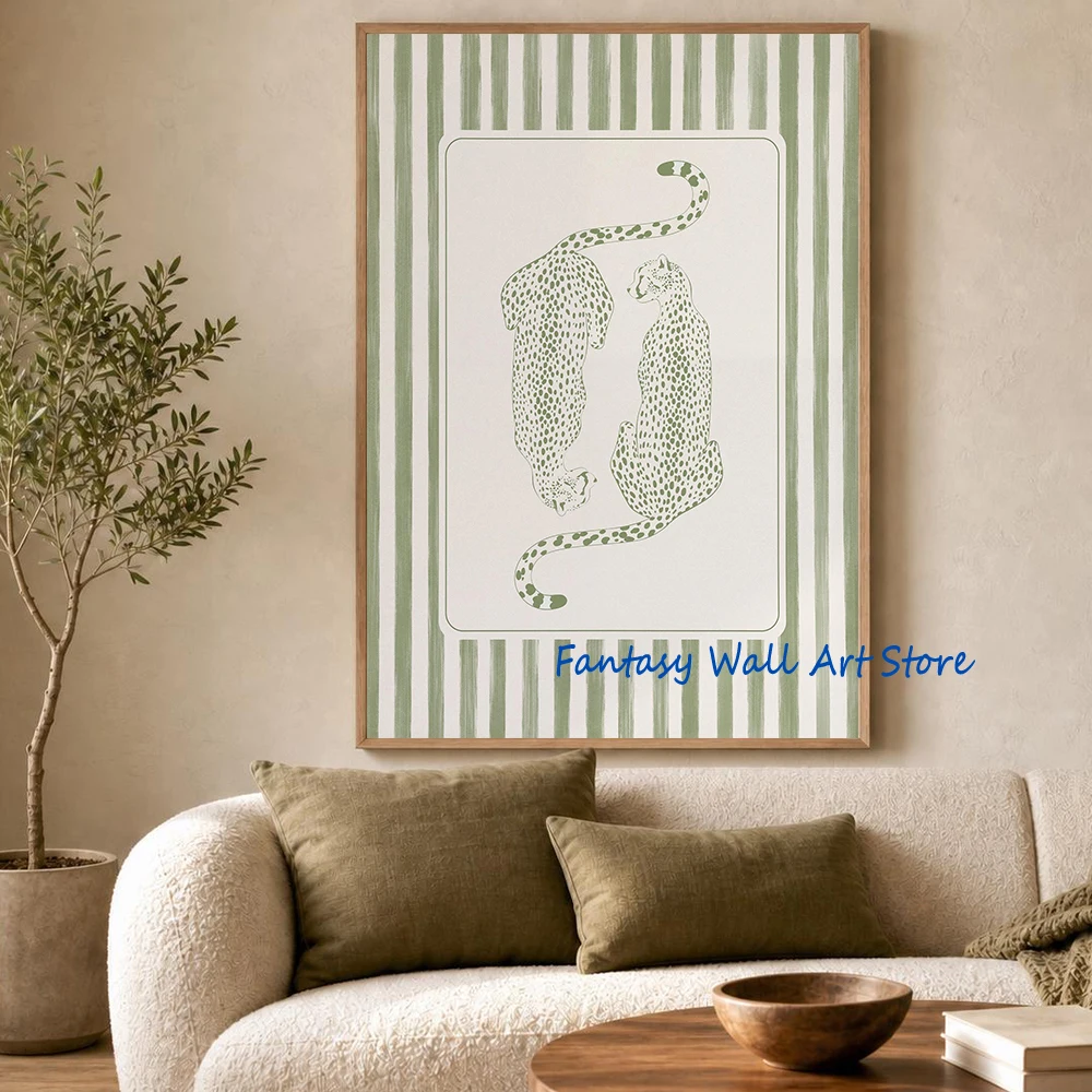 Cheetah Sage Green Leopard Funky Minimalist Poster Dopamine Apartment Decor Canvas Printing Wall Decoration Trendy Wall Art Gift